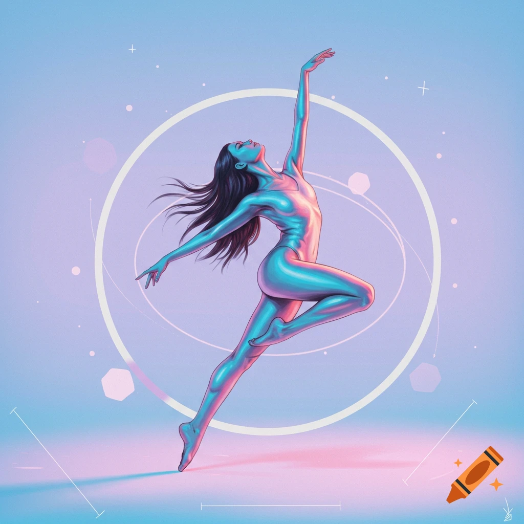 A dancer leaping against a glowing abstract background with geometric shapes.