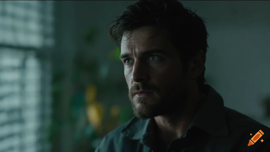 Close-up portrait of a man with a beard and dark hair, looking serious in dim light.