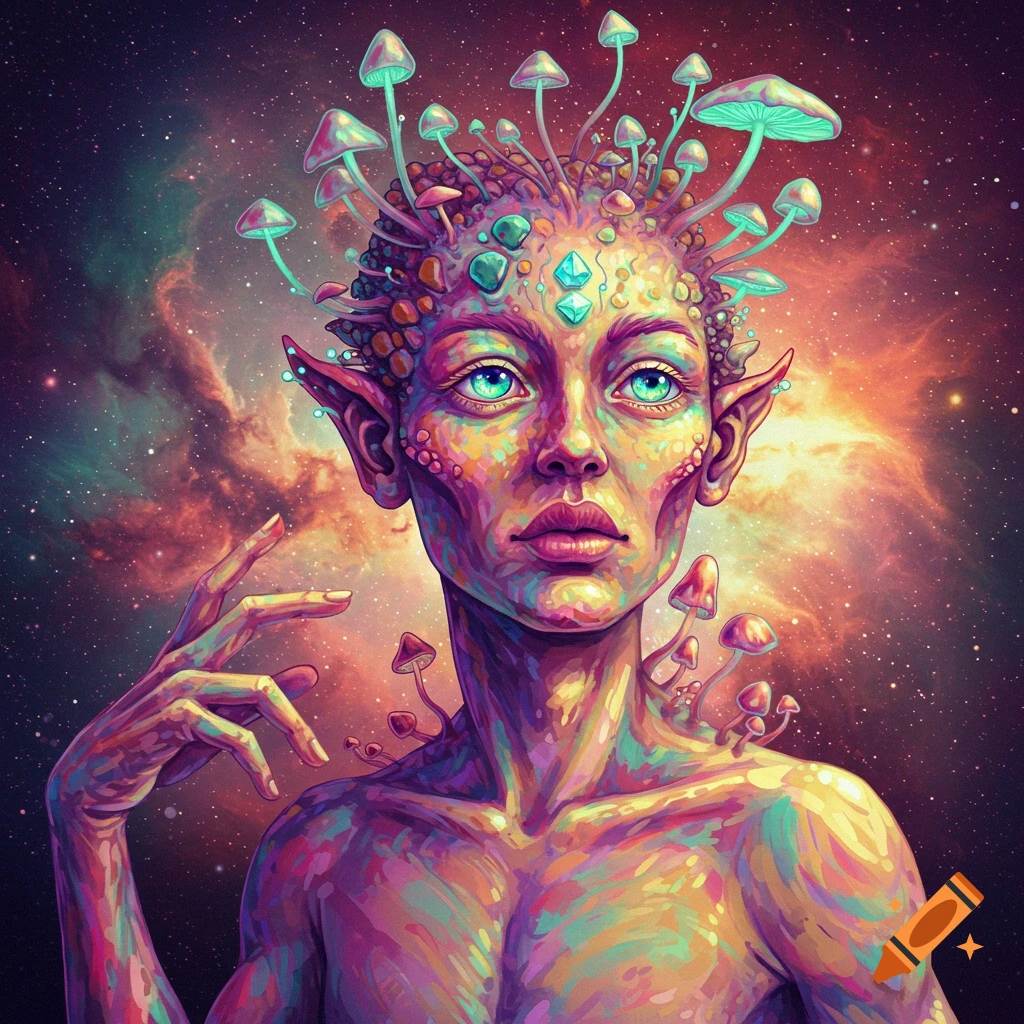 A surreal creature with mushrooms growing from its head and body against a cosmic background.