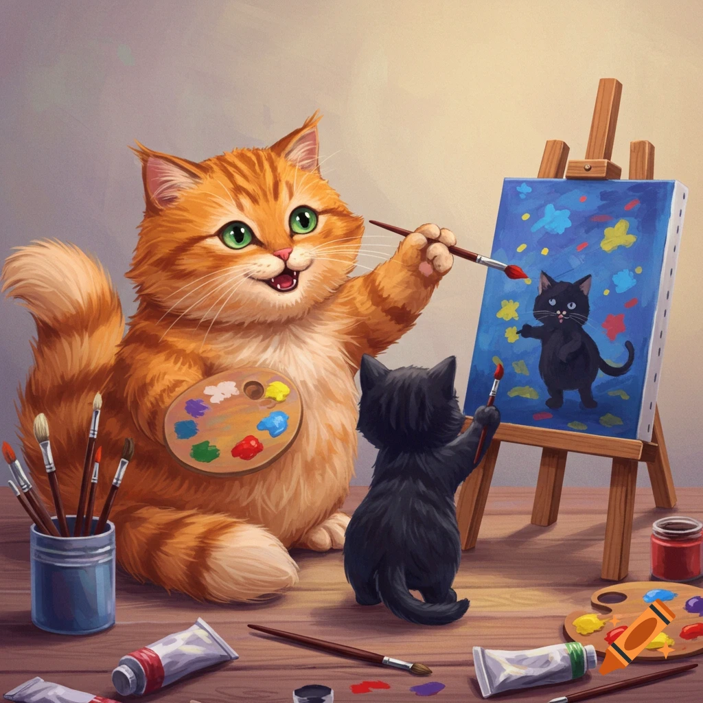 A large orange cat and a small black cat painting a canvas together