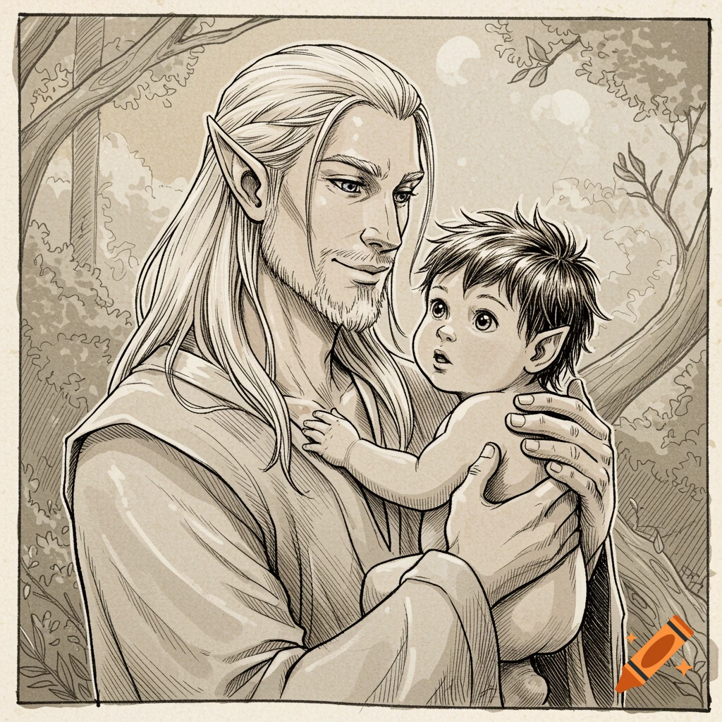 An ink drawing of an elf man holding a baby elf in a forest.