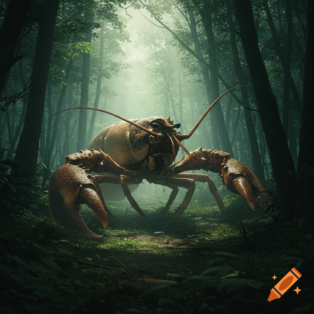 A colossal lobster stands in a dark forest clearing.