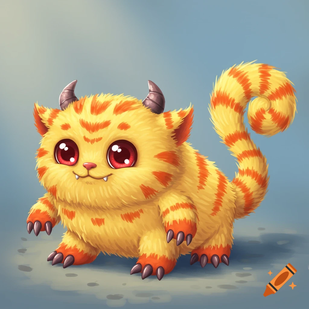 Cute cartoon illustration of a fuzzy yellow monster with orange stripes, red eyes, small horns, claws, and a curled tail.