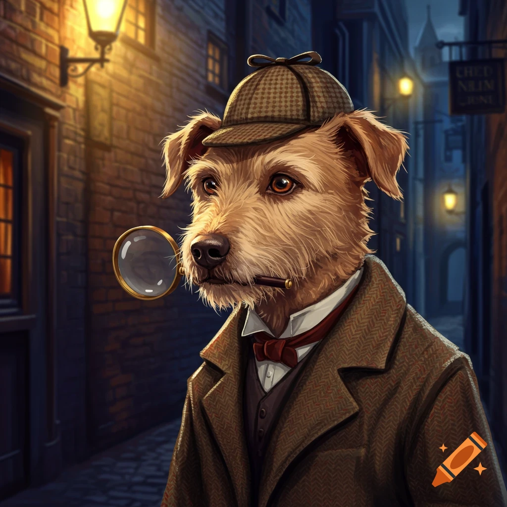 A dog dressed as a detective stands in a gaslit Victorian street, holding a magnifying glass and pipe.