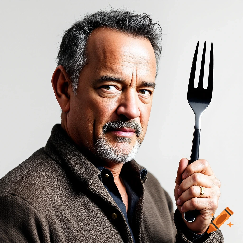 Close-up photorealistic portrait of a man resembling Tom Hanks holding up a large black fork.