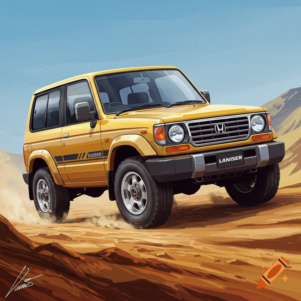 A yellow off-road SUV is driving on a sandy hill.