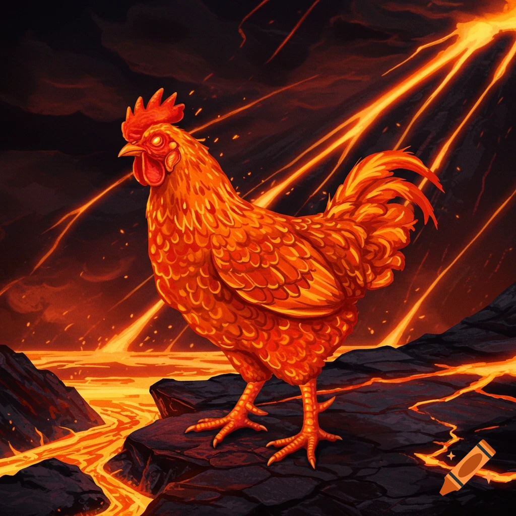 A fiery lava chicken standing on rocks in a volcanic landscape.