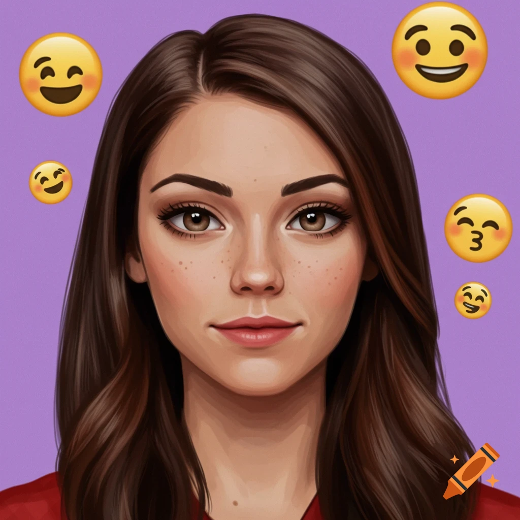 A woman's face is encircled by a variety of emojis.