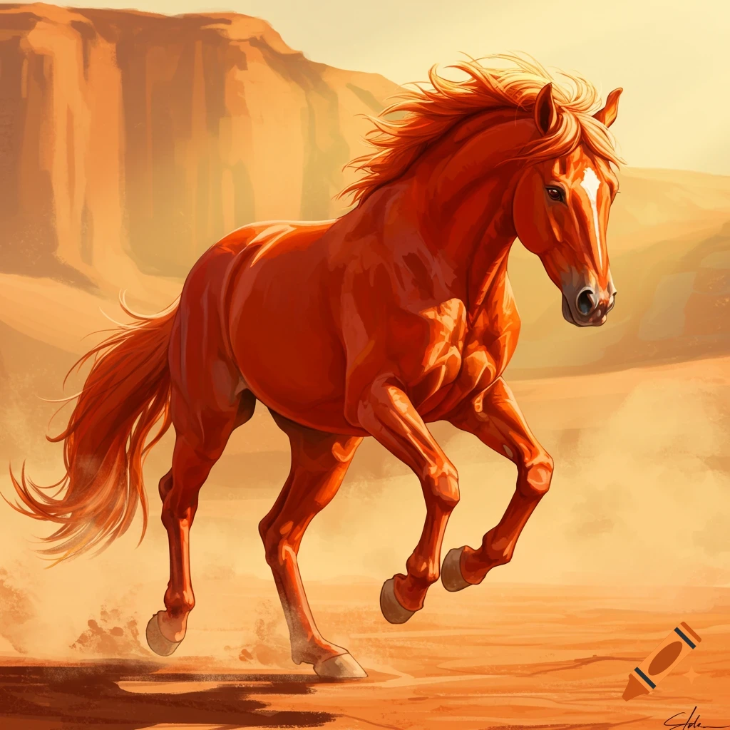 A vibrant red horse gallops through a sun-drenched desert landscape.