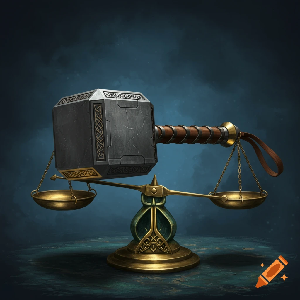 Thor's hammer rests on a scale.