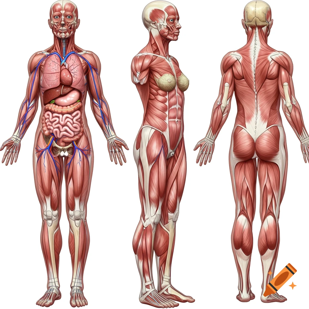 Anatomical illustration of female human body showing muscles, organs, and circulation from front, side, and back.