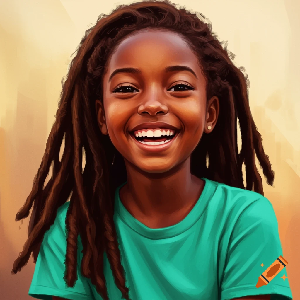 A smiling young Black girl with dreadlocks in a green shirt.