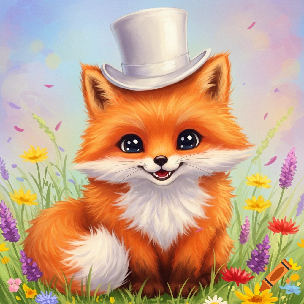 A cute cartoon fox wearing a white top hat sits in a field of colorful flowers.