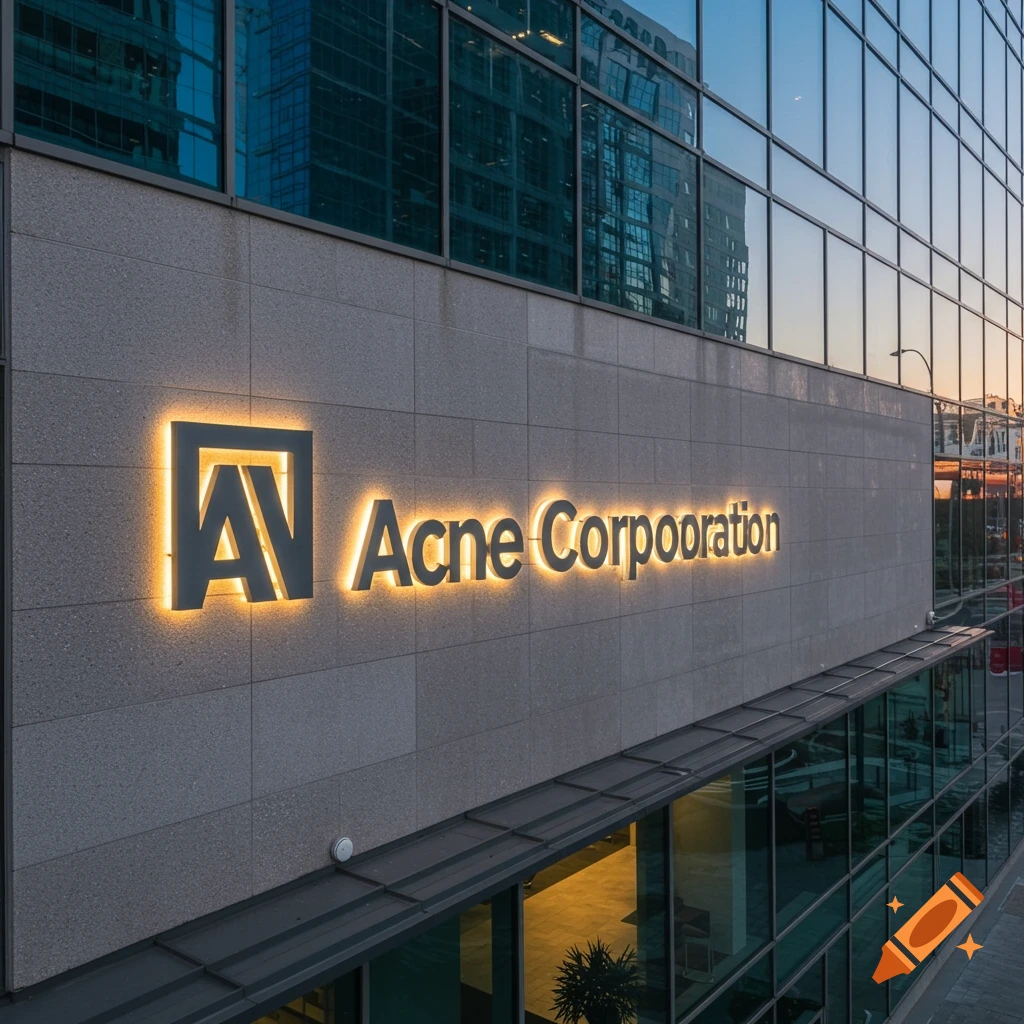 Building sign on a modern glass building at dusk, reading 'Acne Corporation'.