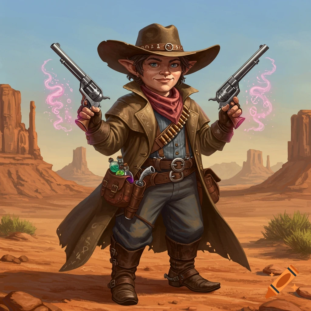 Painting of a fantasy halfling cowboy sorcerer holding two revolvers in a desert.
