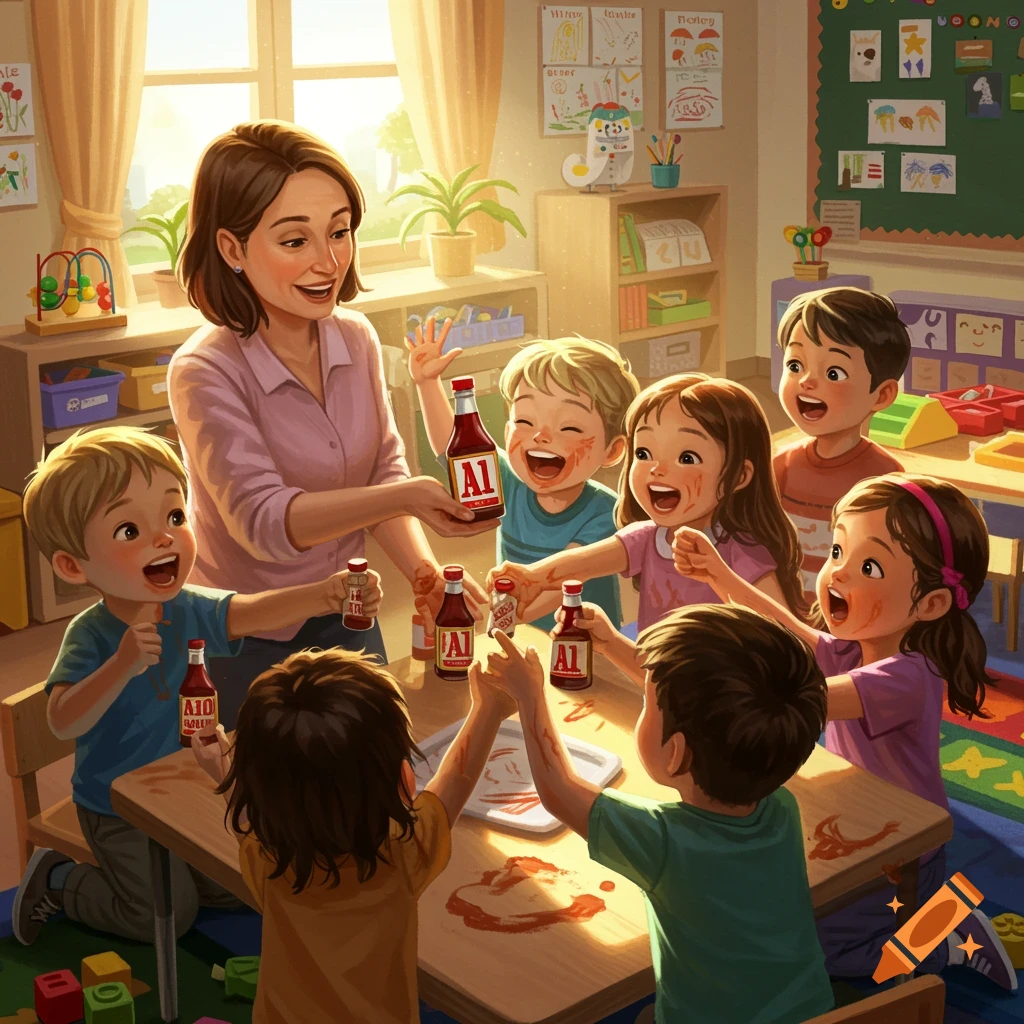 Teacher giving small bottles to excited children in a colorful classroom.