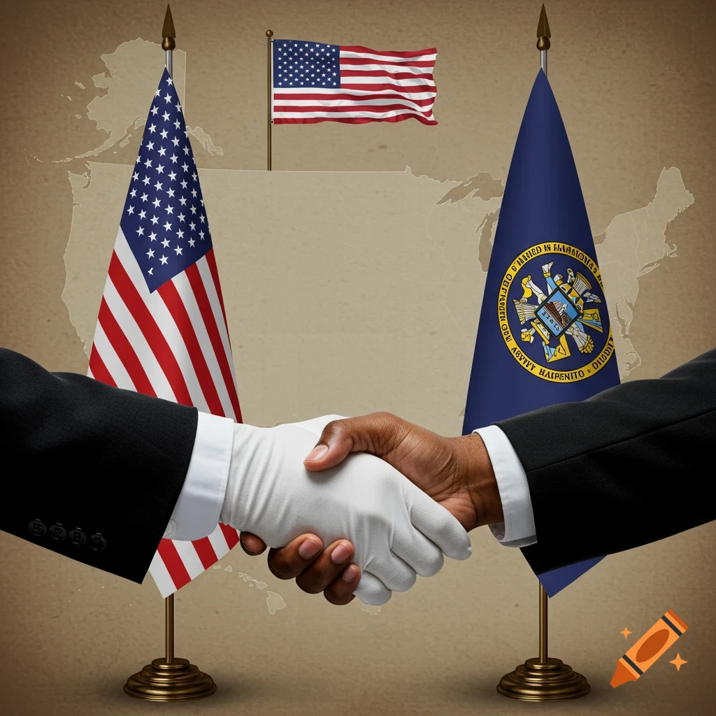Hands shaking in front of US map with US and blue flags on poles.