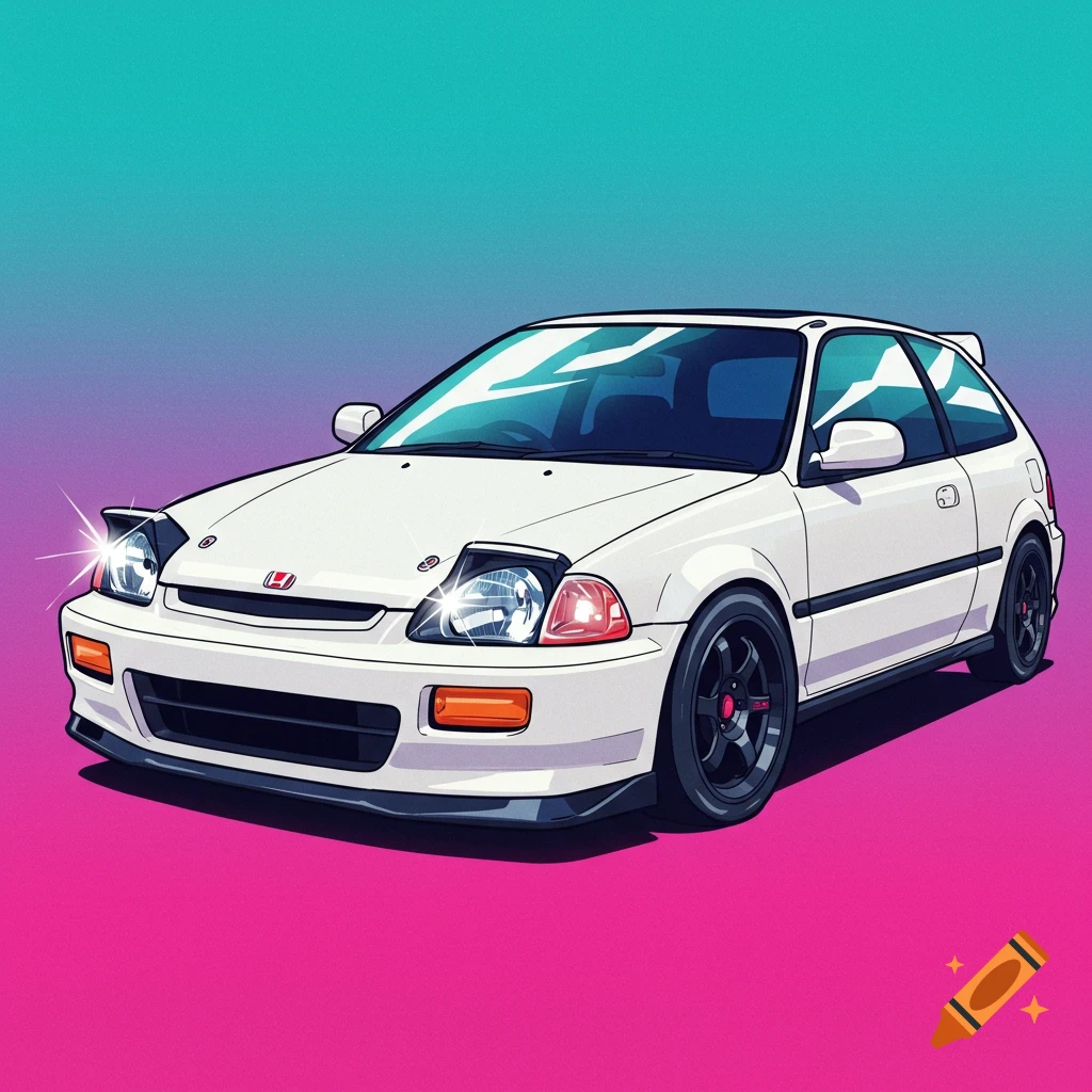 A white Honda Civic hatchback against a pink and blue gradient background.