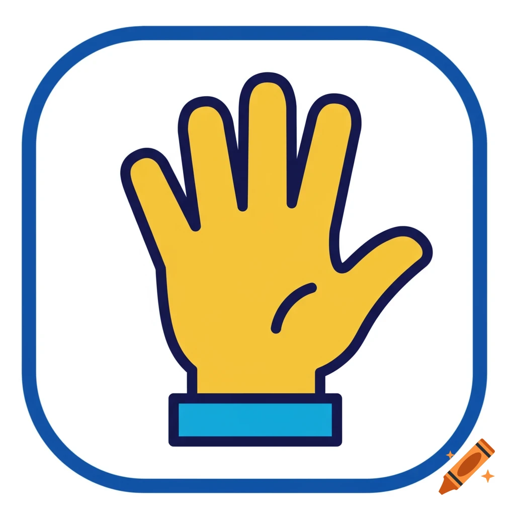 An icon illustration of an open hand with fingers splayed, colored yellow with a blue outline and base.