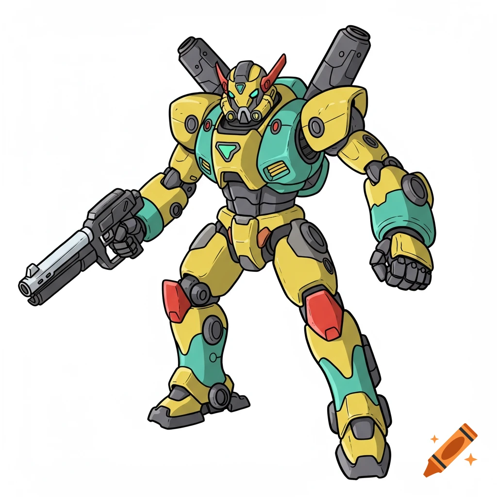 Yellow and teal robot holding a gun in a coloring book style illustration.