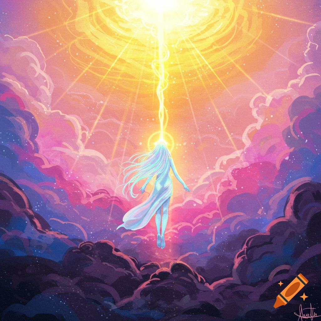 A figure ascending through brightly lit clouds towards a radiant light source above.