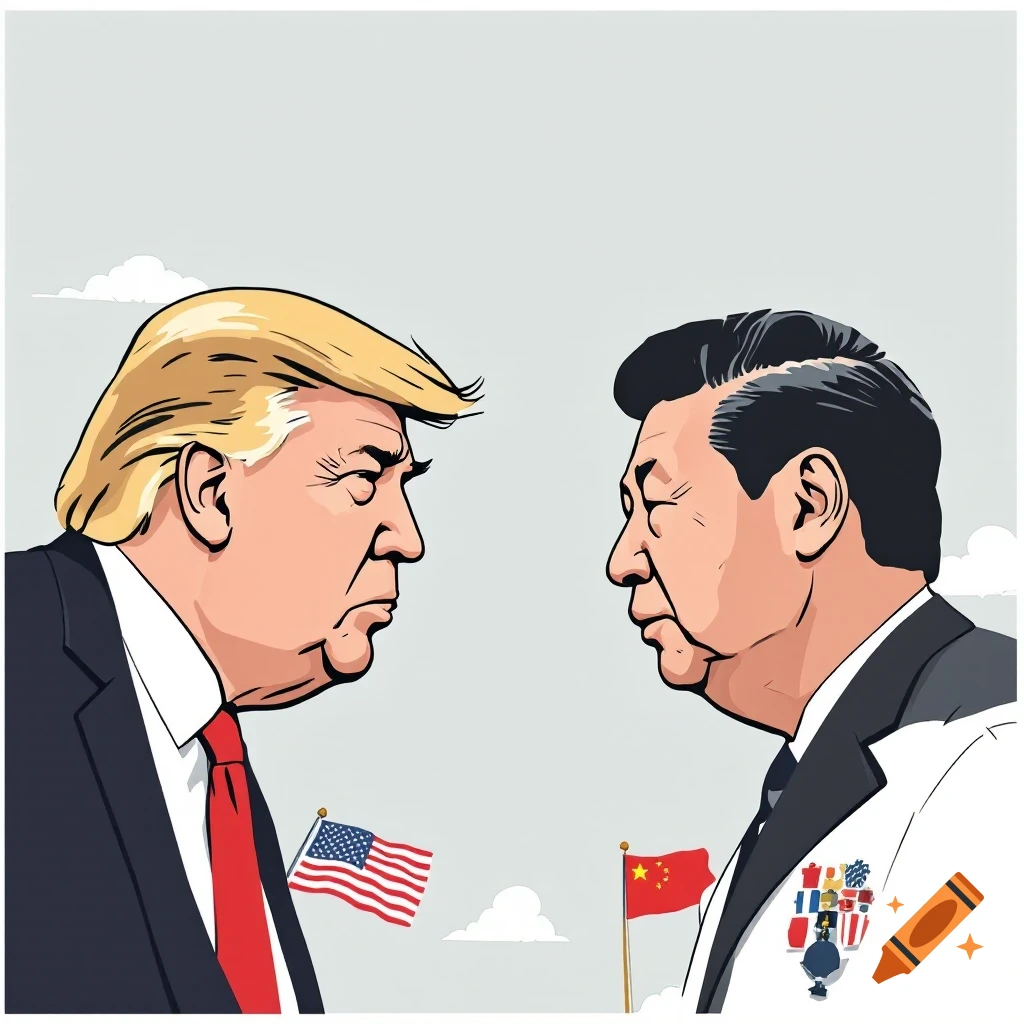 Political cartoon of Donald Trump and Xi Jinping facing off with US and China flags