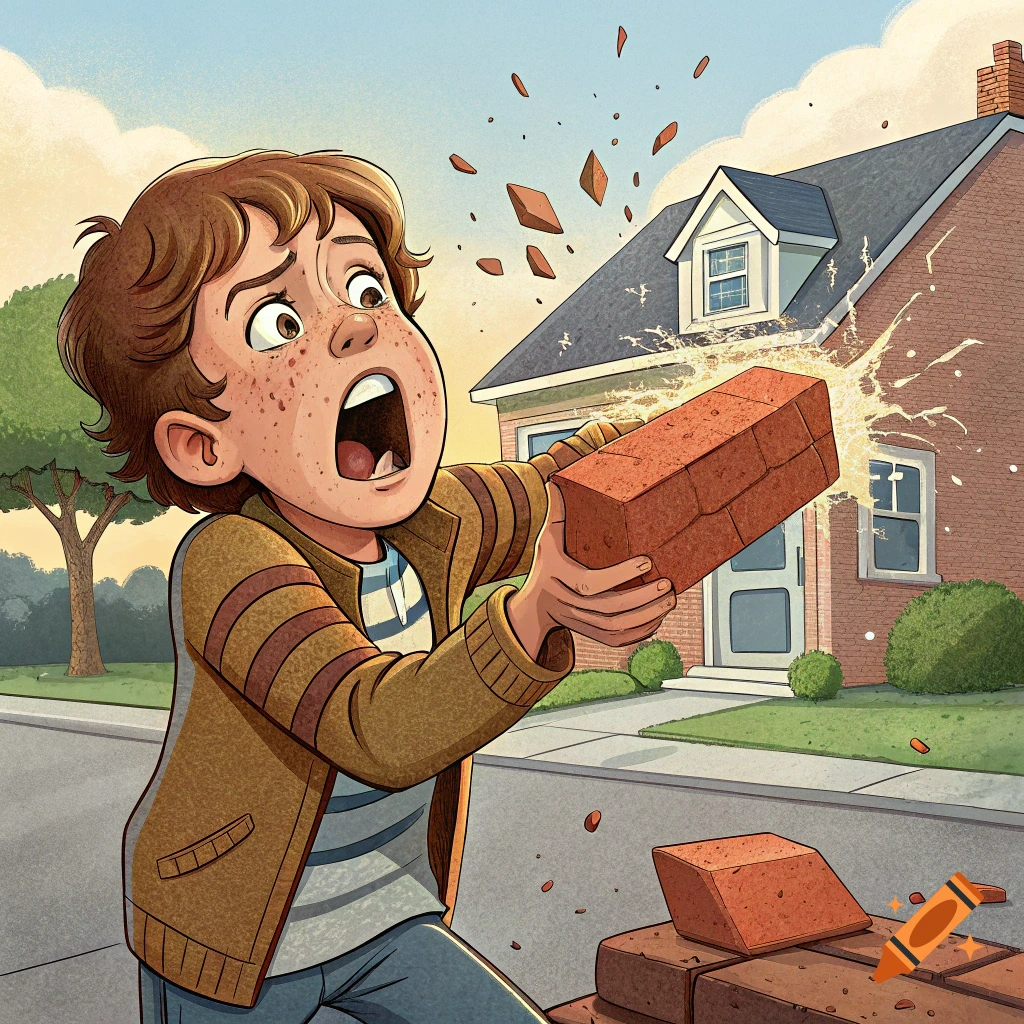 Cartoon illustration of a boy with freckles looking shocked, catching a brick with his face as it breaks apart.