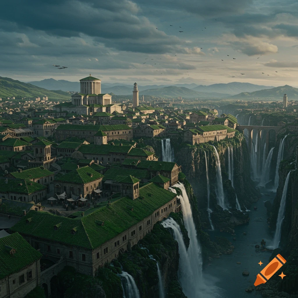 A detailed view of a large fantasy city built on a plateau, with many waterfalls cascading down cliffs into a river below, under a dramatic sky.
