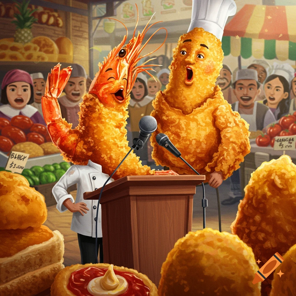 Anthropomorphic fried shrimp and chicken giving a speech at a podium in a market.