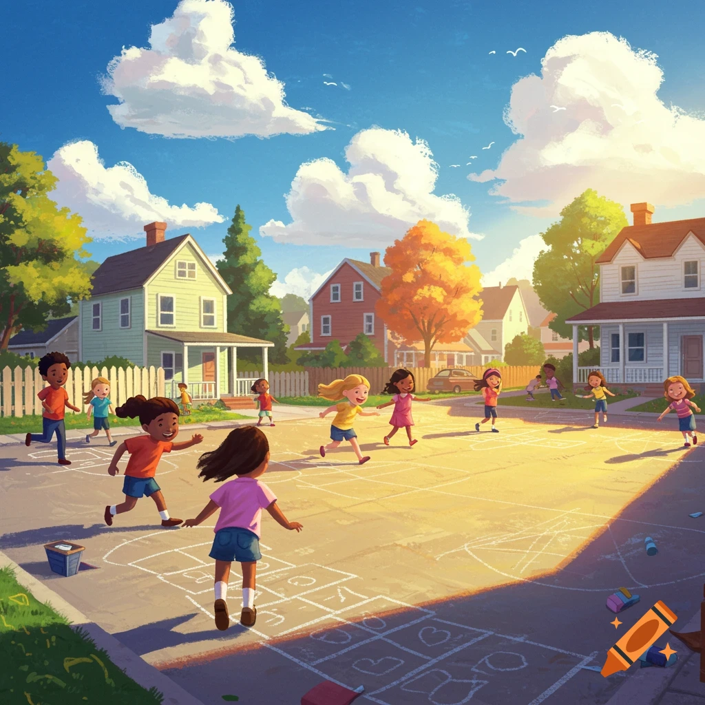 Vibrant image of diverse children playing hopscotch and tag on a sunny neighborhood street.