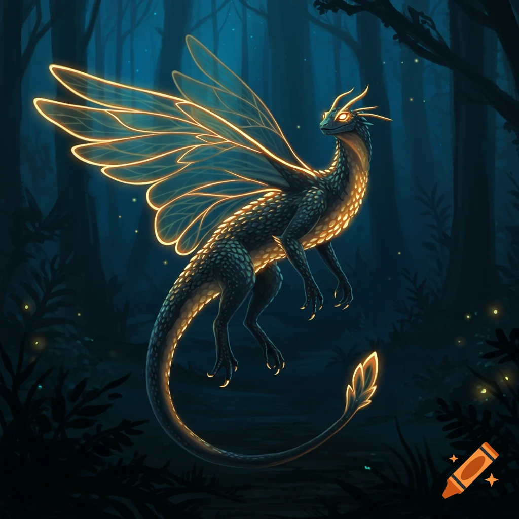 A glowing fantasy creature in a dark, misty forest