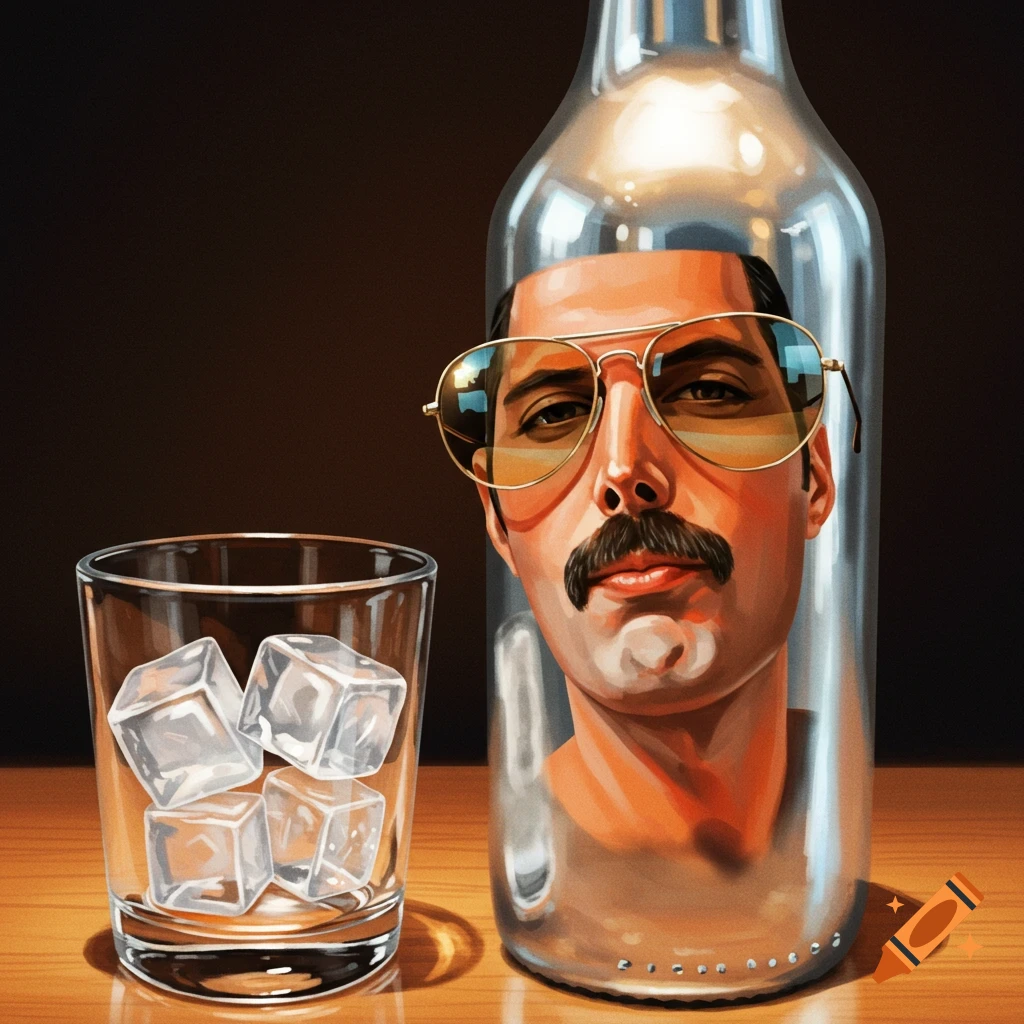 A face resembling Freddie Mercury inside a clear bottle next to a glass with ice cubes.