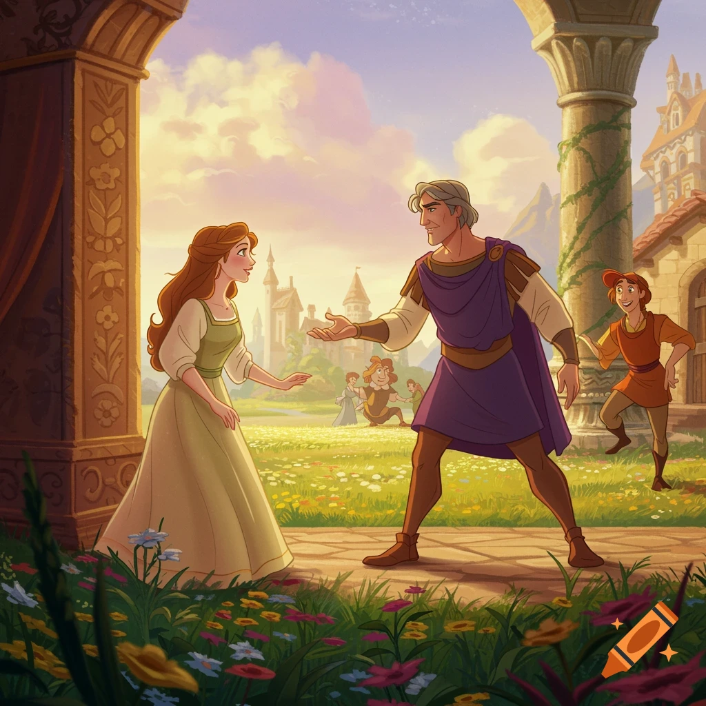 A woman and man in a fantasy garden, surrounded by flowers, with a castle in the background. Disney animation style.