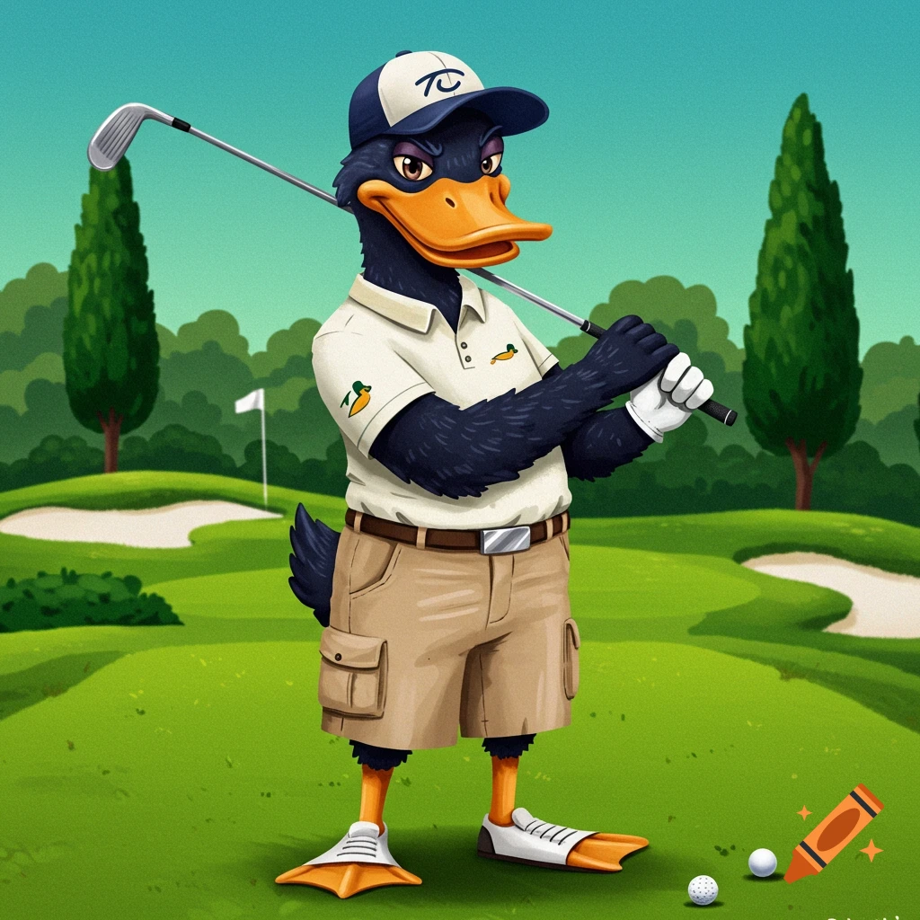 A cartoon anthropomorphic duck in golf attire swings a golf club on a green golf course.
