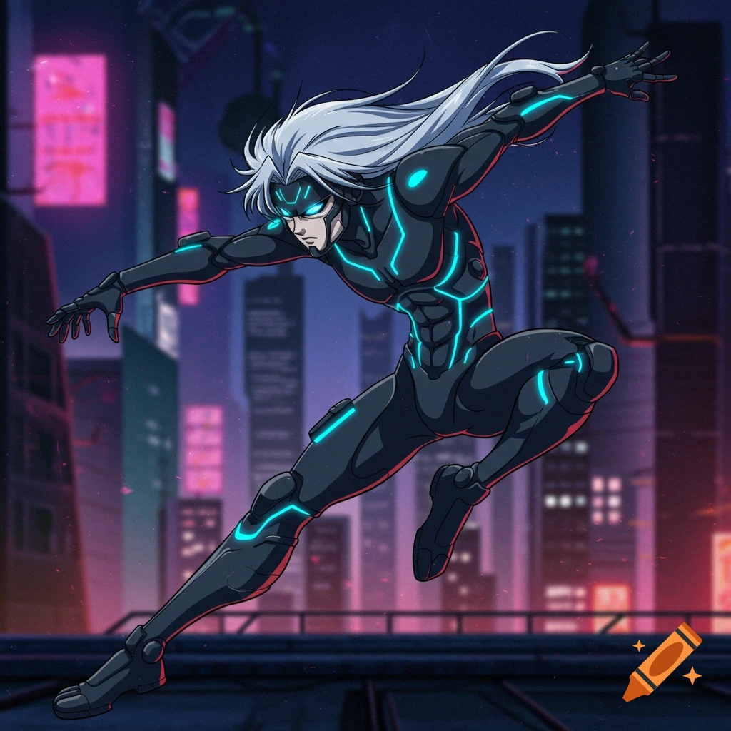 A futuristic character in a black suit with glowing blue lines leaps against a city background in 90s anime style.