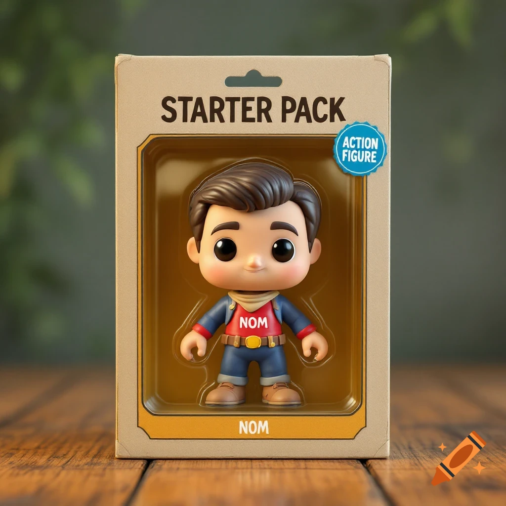 A cartoon action figure in clear blister packaging is on a wooden surface. The packaging is labeled "STARTER PACK" and "ACTION FIGURE".
