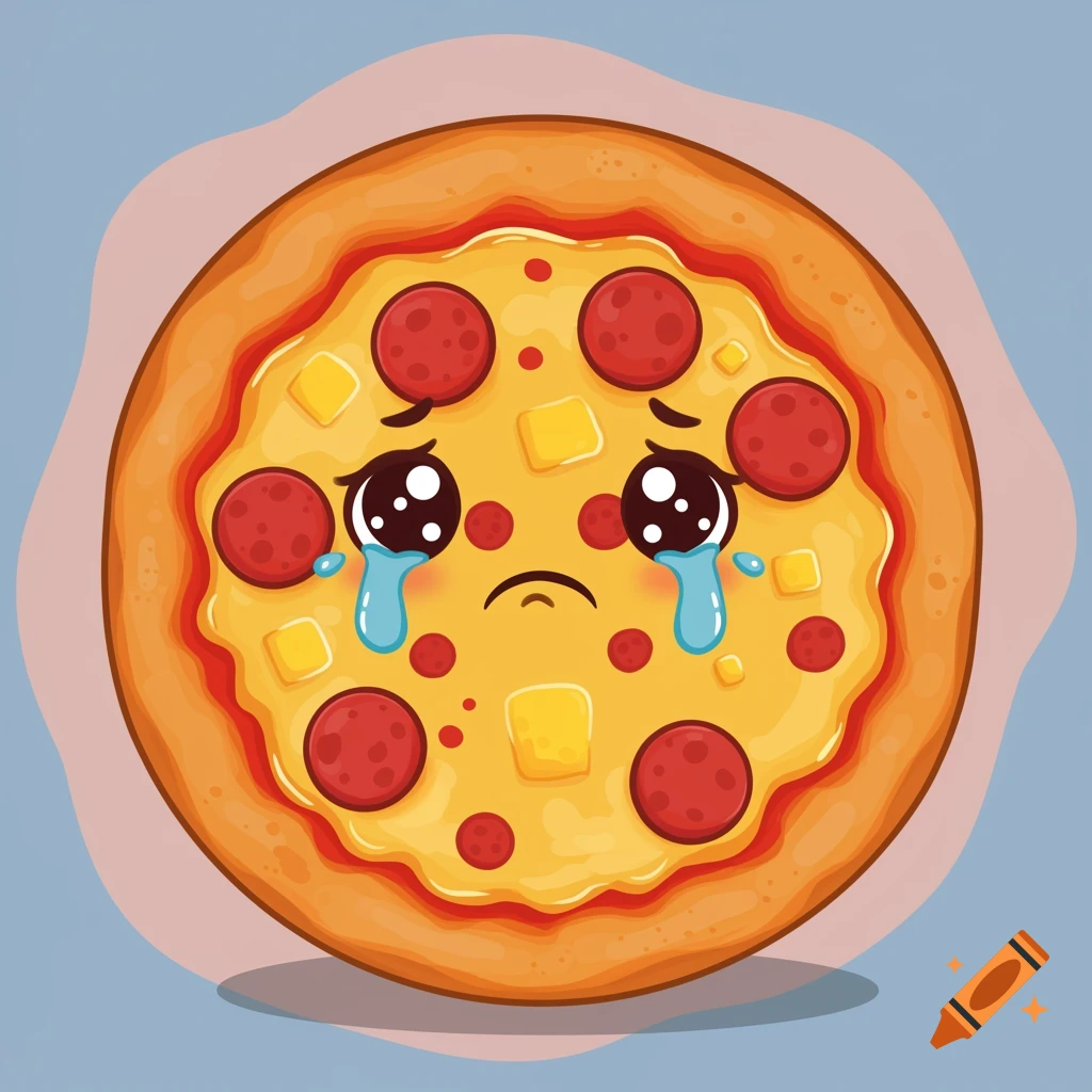 Cute cartoon pizza with a sad face and tears