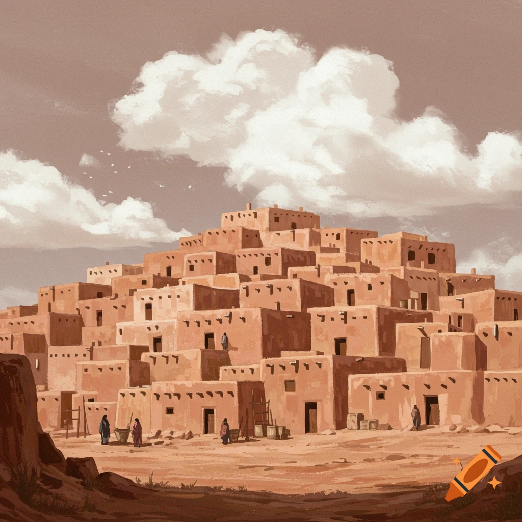 A multi-tiered pueblo village with adobe buildings, figures, and ladders under a cloudy sky.