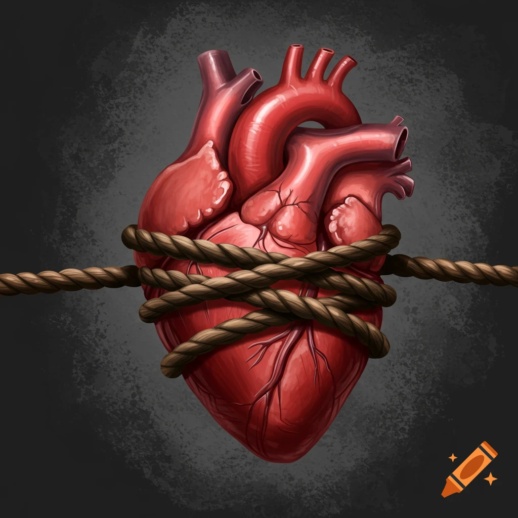 A red anatomical heart bound tightly by rope.