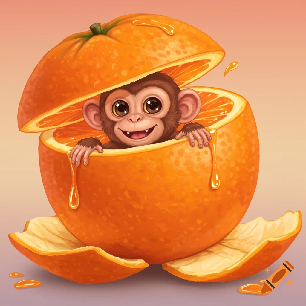 A cute monkey smiling inside a hollowed orange with dripping juice.