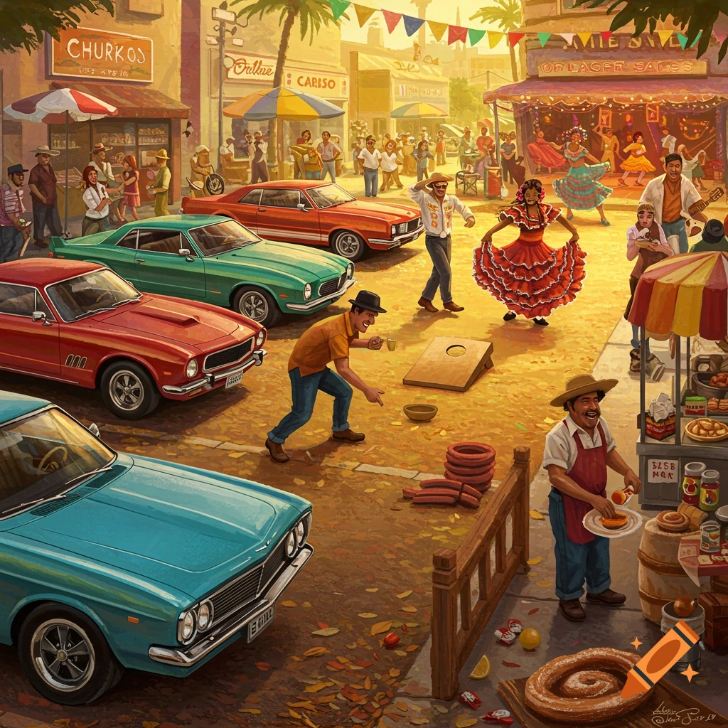 Vibrant street festival painting with classic cars, dancing people, games, and food vendors.