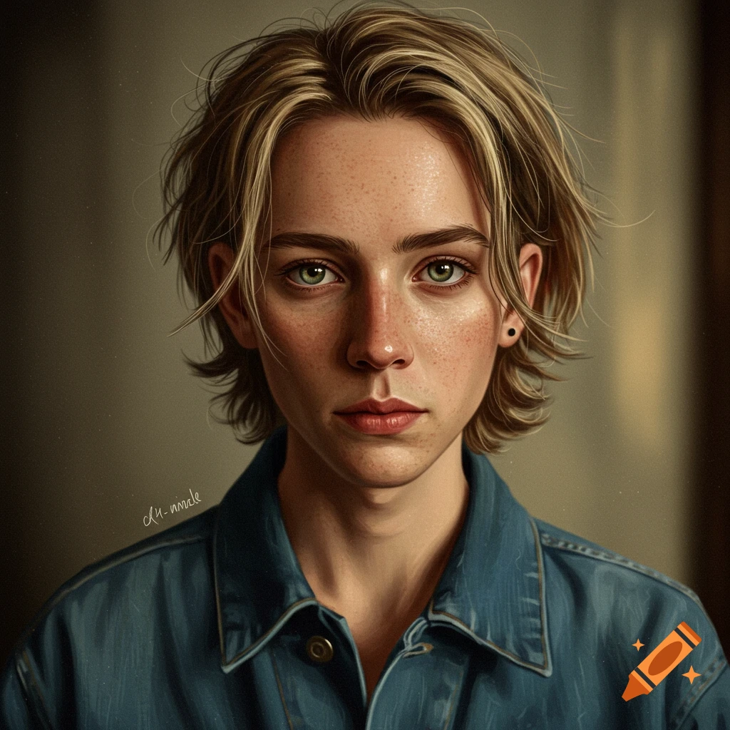 A portrait of a young person with green eyes and freckles, wearing a denim shirt.