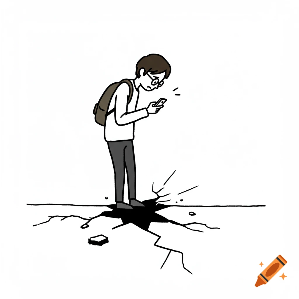 A person with glasses and a backpack looks at their phone while standing over a crack in the ground, in a simple line art style.