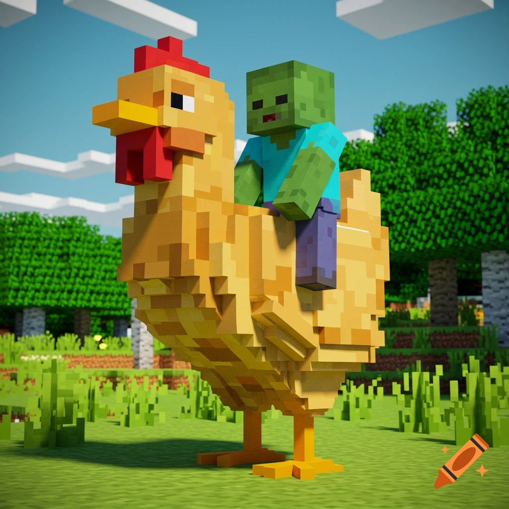 A blocky Minecraft-style zombie rides a giant chicken in a grassy field.