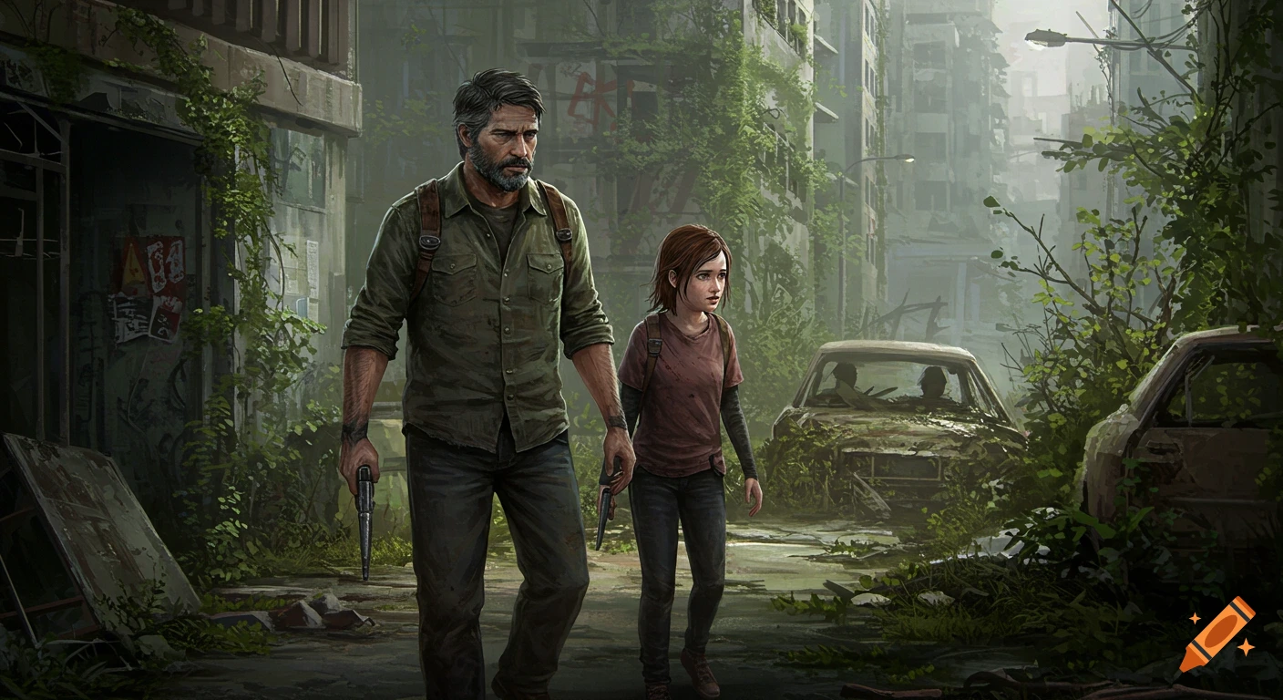 Two figures walk through an overgrown, ruined city street.