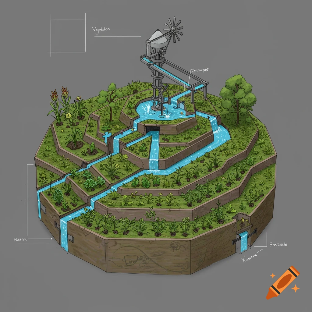 Illustration of a terraced self-watering garden system with a windmill pump.