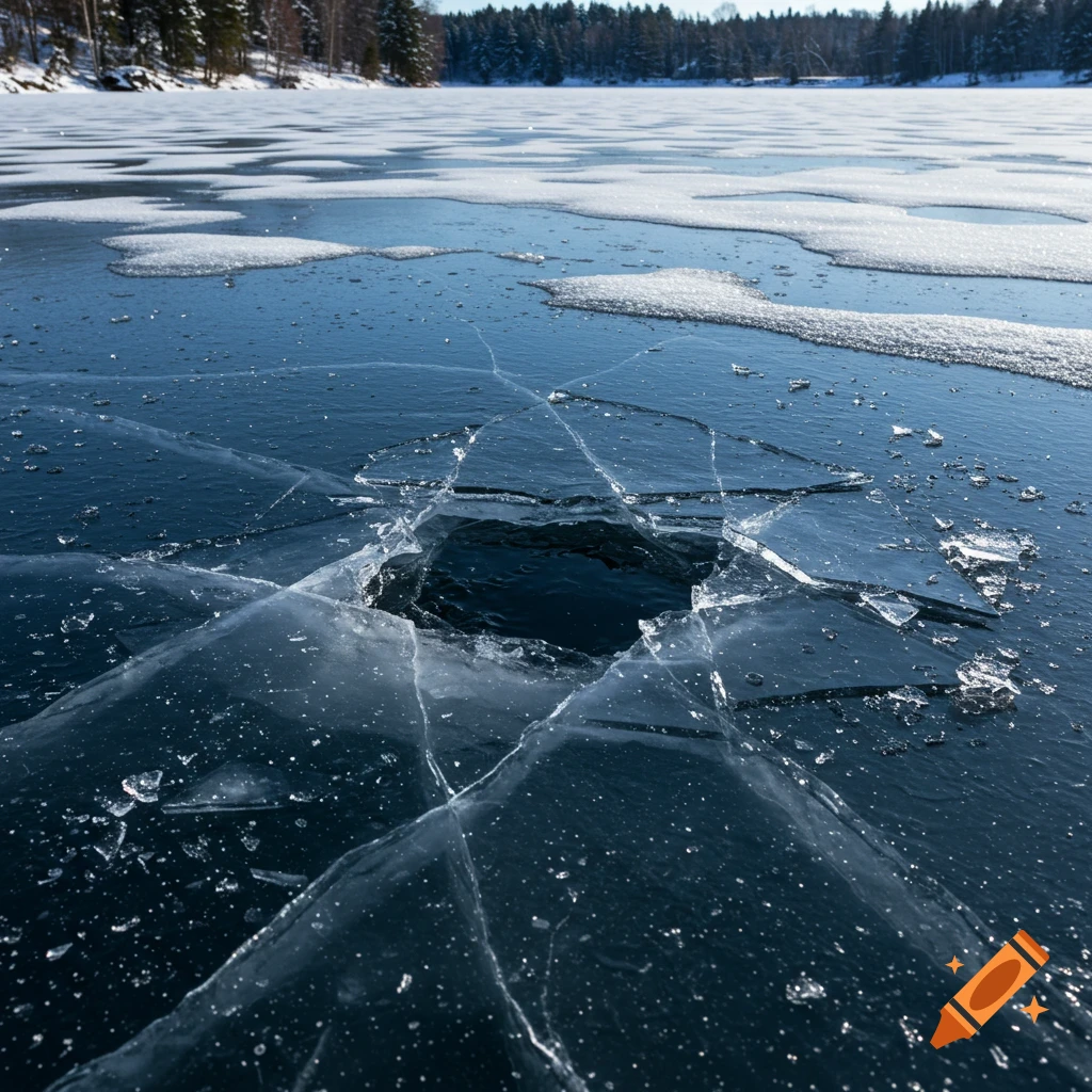 A low-angle shot of thin ice on a frozen lake with a jagged hole, cracks, and shattered ice. Snow-covered trees are visible in the distance under a sunny sky.