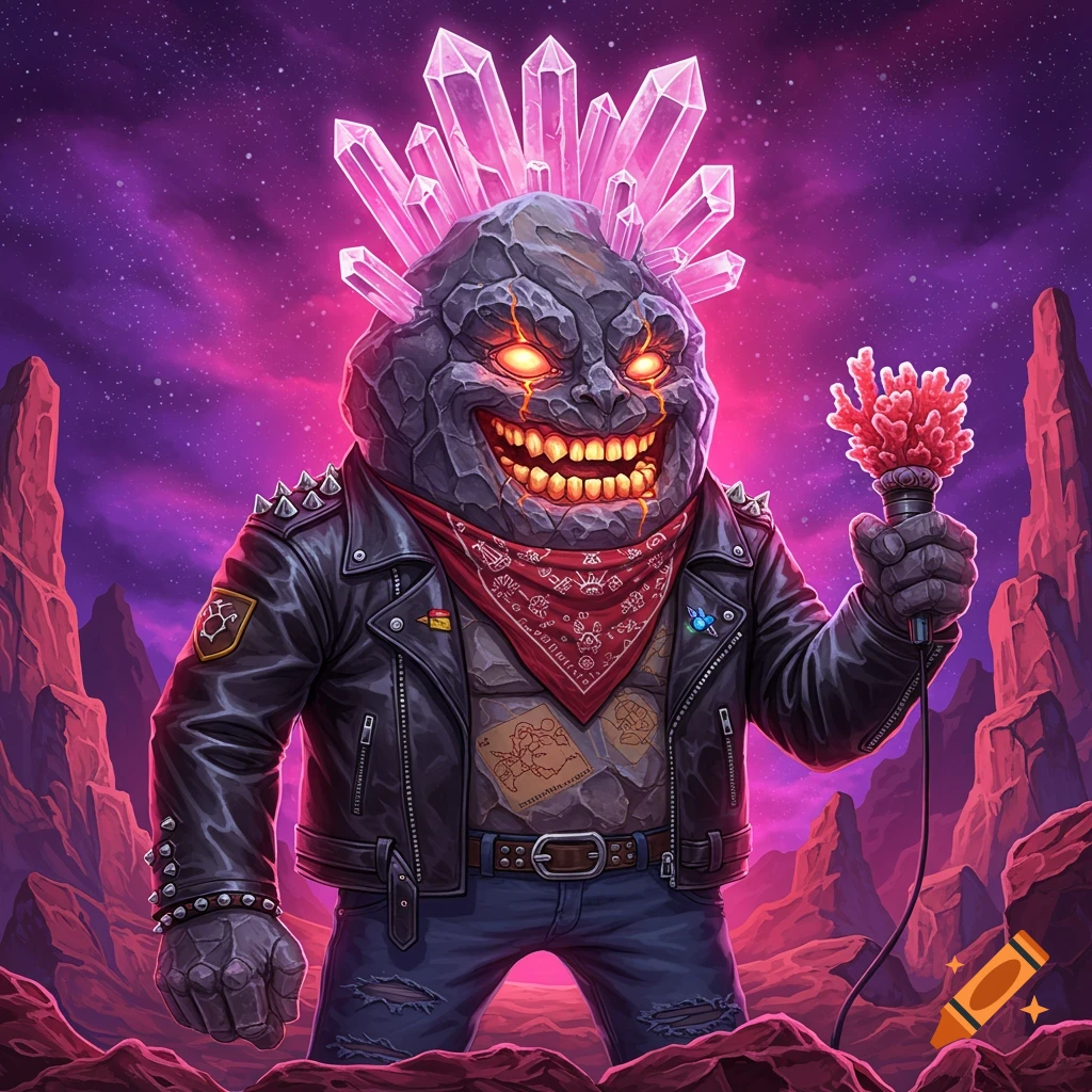 A rock monster rocker with crystal hair and glowing eyes holds a microphone in a cosmic landscape.