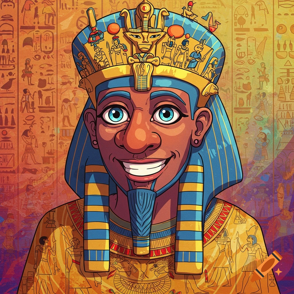 Cartoon portrait of a smiling pharaoh with colorful robes and crown, with hieroglyphs in the background.