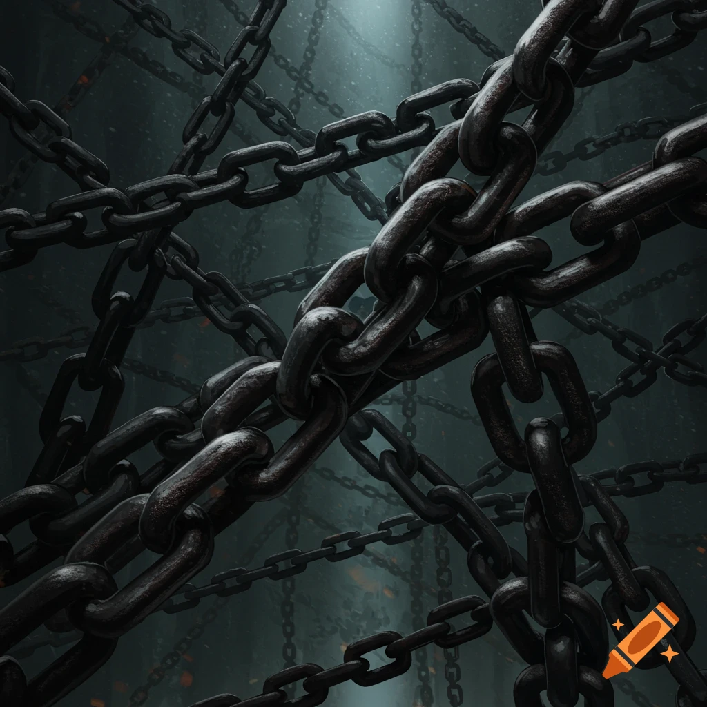 Tangled dark metal chains in a misty, dimly lit space